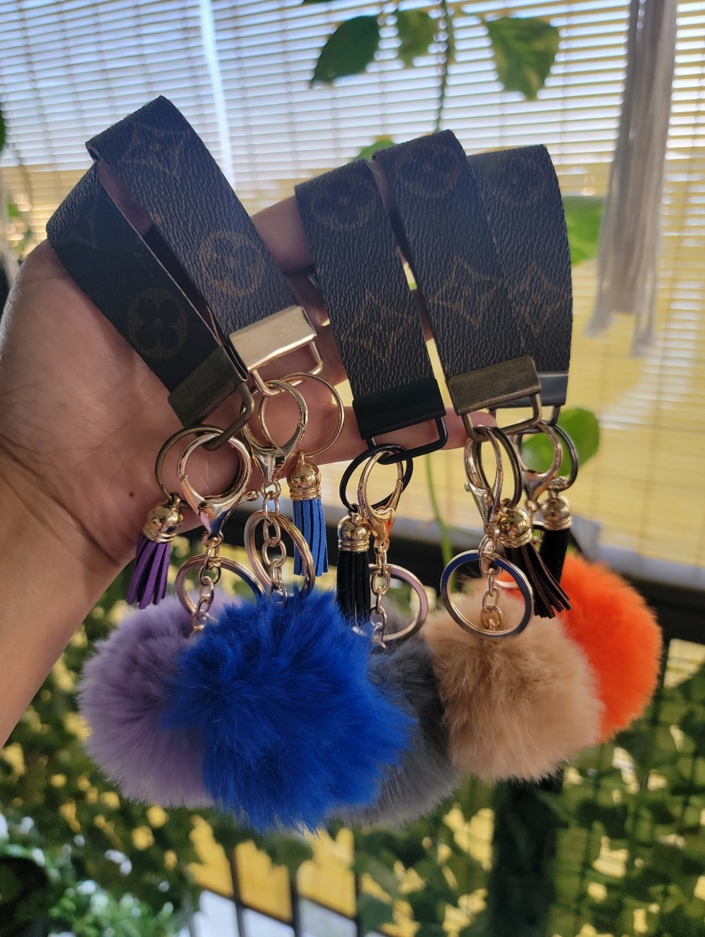 1pc Brown Monogram Keychain with Pom Pom